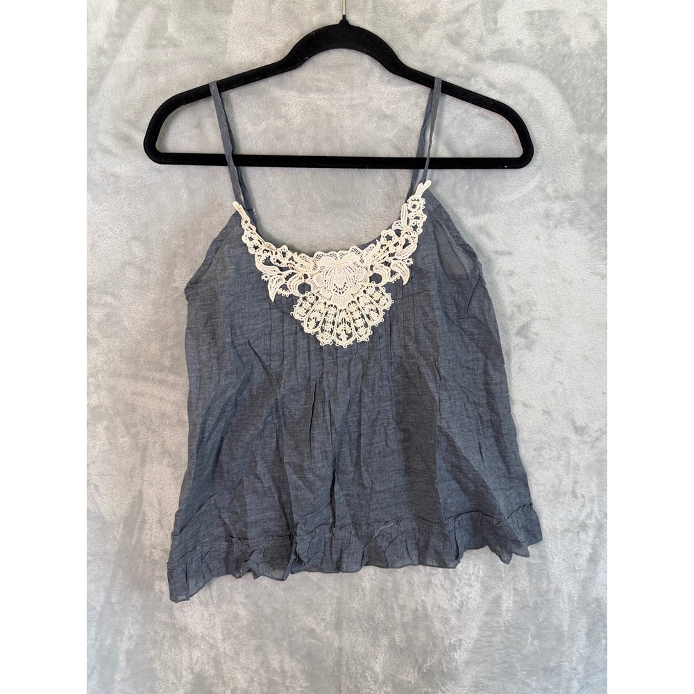 IRIS Camisole Women S Petite Gray Lace Crochet Ruffle Hem Boho Tank Top Y2K